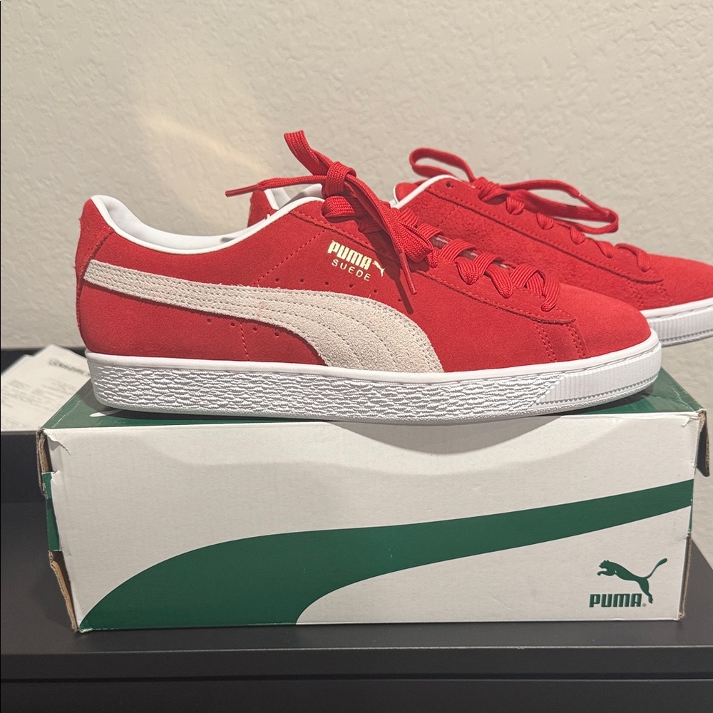 PUMA Kids Red and White Suede Sneakers